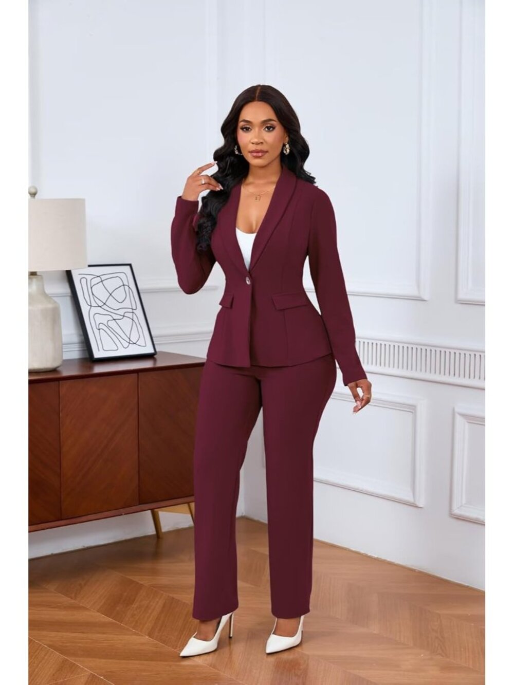 Women's Red 2 Piece Pant Suits Dressy Blazer Straight Leg Set Formal Outfits - Picture 4 of 6